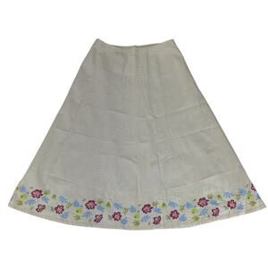 Vintage Linen Cotton Blend Midi Skirt A-line Tan Floral‎ Embroidered Women's 10